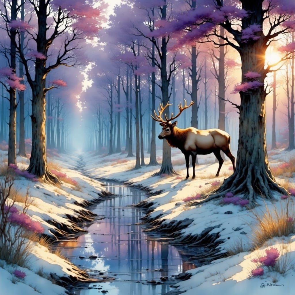 Primeval Forest Elegance in Warm Watercolor and Oil Painting