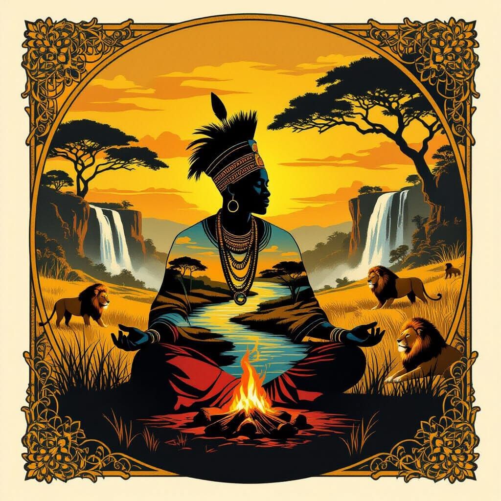 African Chief Double Exposure in Art Nouveau Style