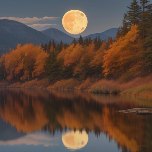 Tranquil Autumn Lake Reflects Glowing Full Moon