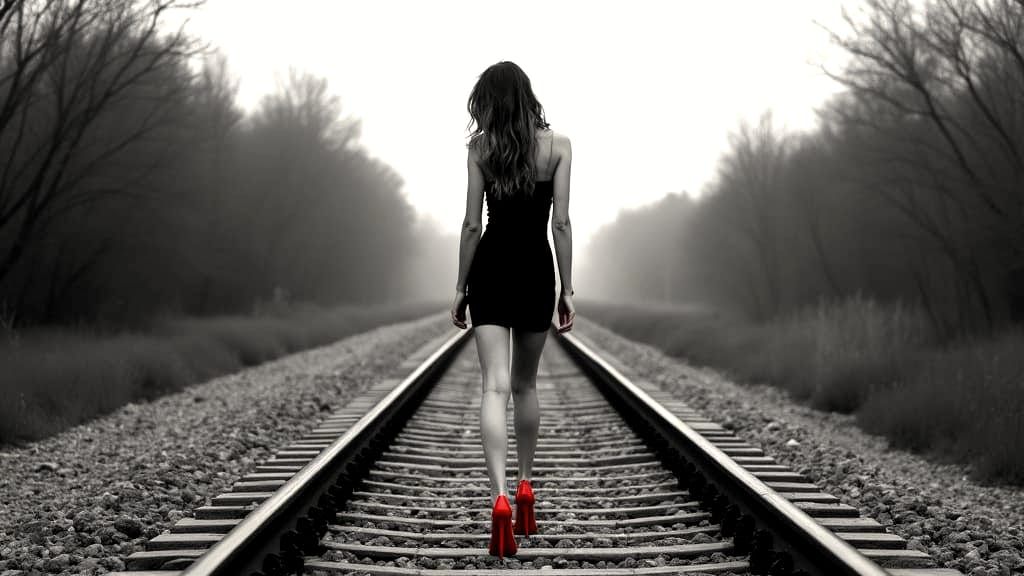 Woman in Red Heels: Hyperrealistic B&W Photo