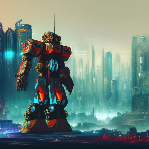 Psychedelic Mecha Soldier in Cyberpunk City Ruins