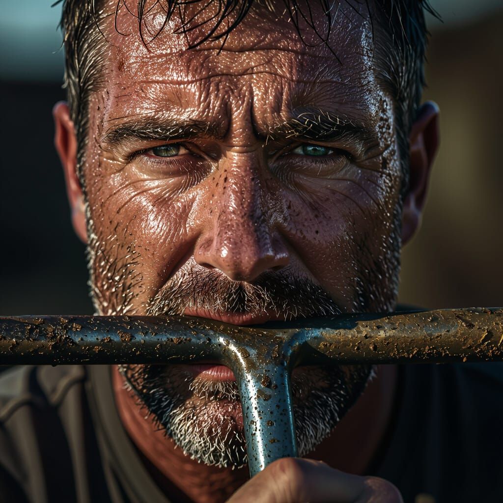Man Grips Shovel Handle in Dramatic Photorealistic Portrait