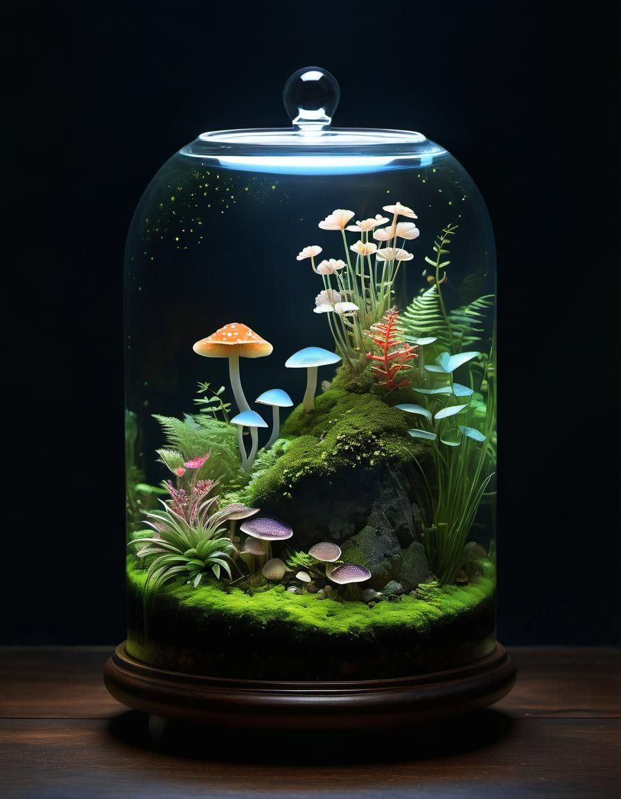 Bioluminescent Terrarium: Detailed Digital Illustration