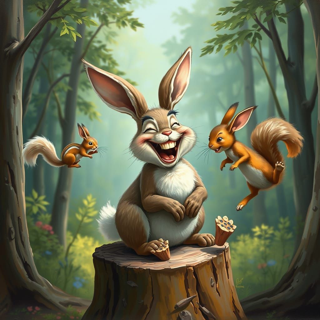 Laughing Bunny Oil Painting in Hyperdetailed Style