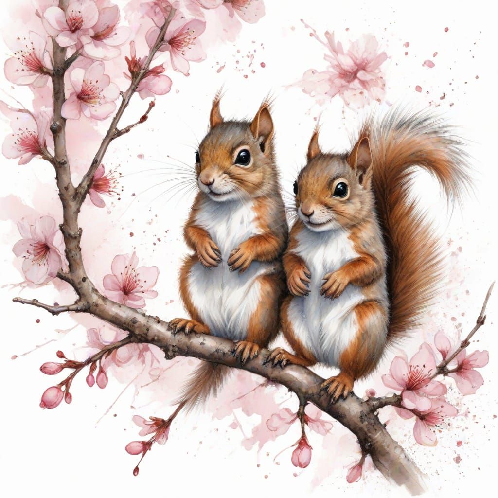 Squirrels Play Among Cherry Blossoms in Watercolour