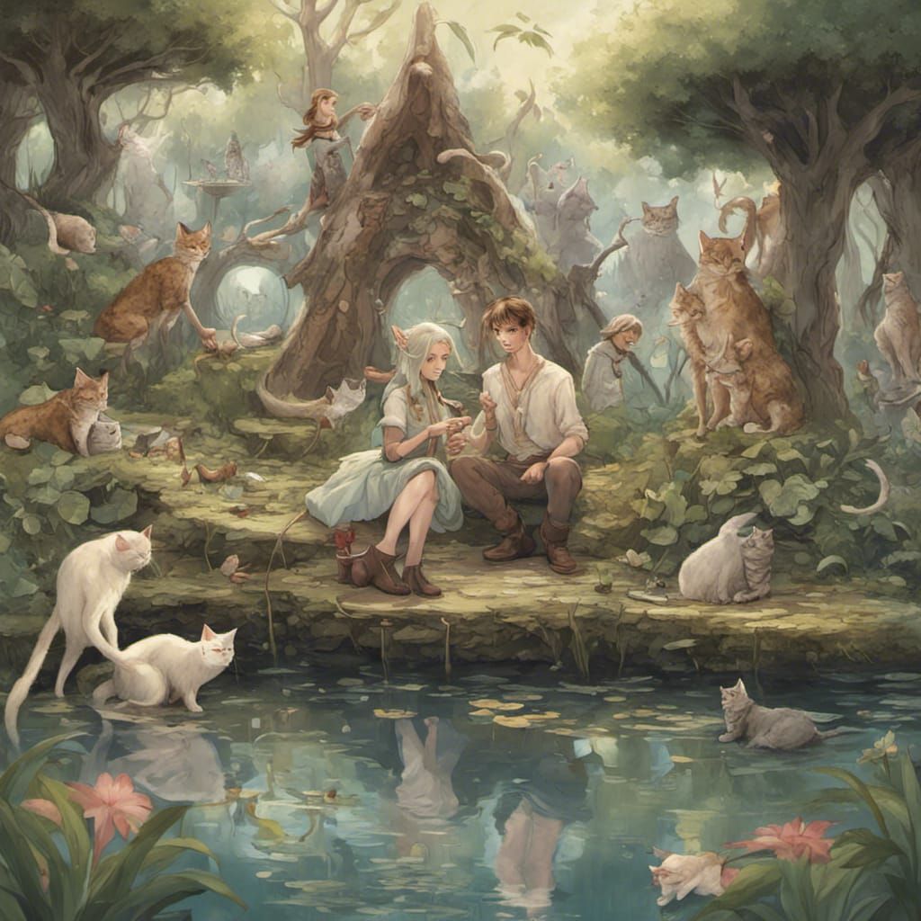 Fantasy Elves Working on a Pond with Cats