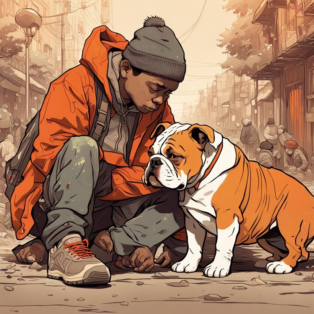 Homeless Boy and Bulldog: Detailed Character Illustration