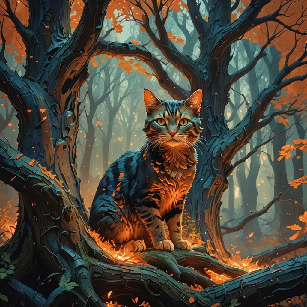 Cute Cat's Dark Woodcarving: Fantasy Concept Art