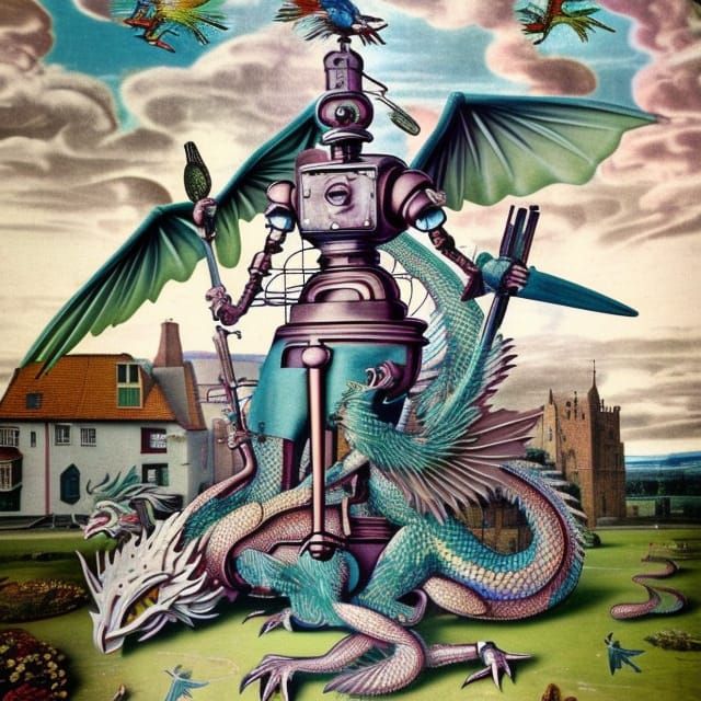 Robot St. Michael Slaying Dragon in Victorian Style