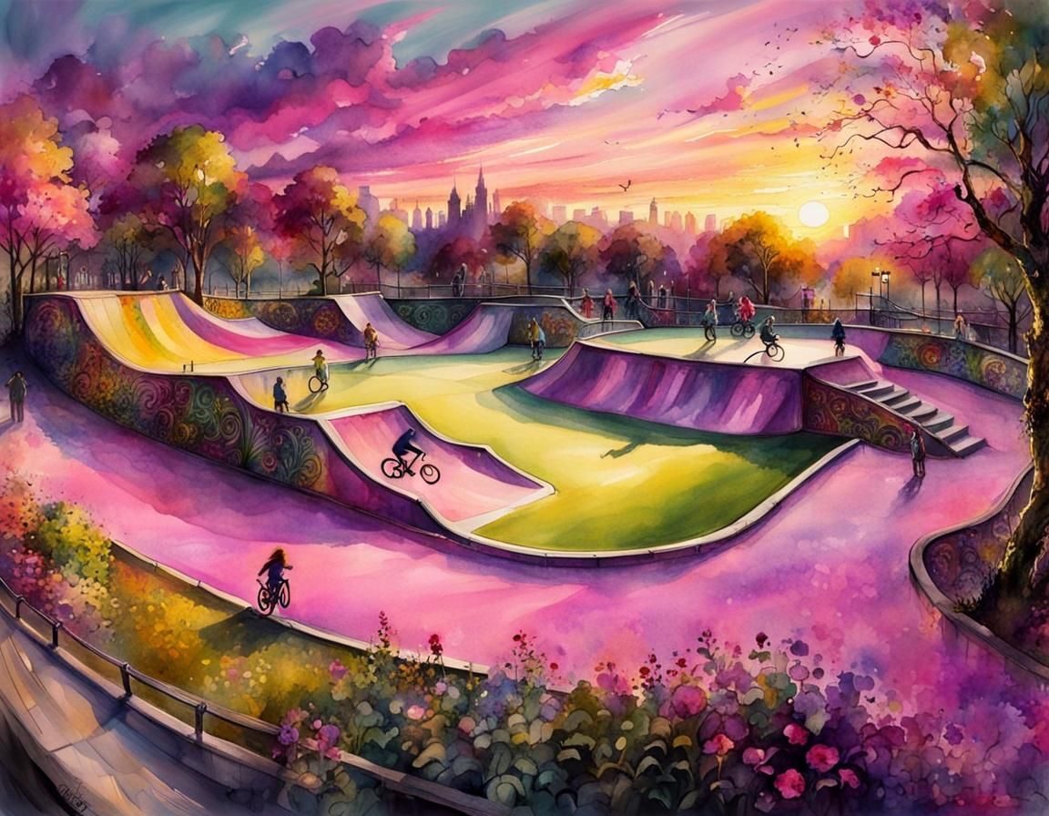 Sunset Over Verdant Skatepark, Watercolor Art