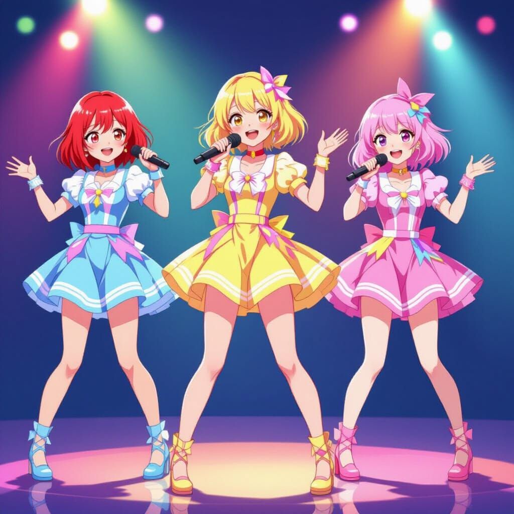Anime K-Pop Band Performance in Pastel Colors