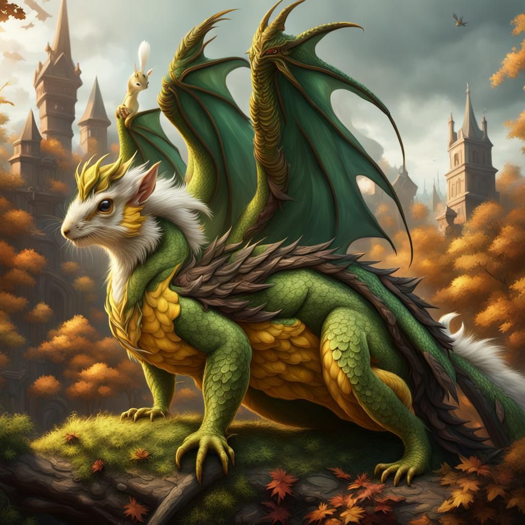 Green and Yellow Dragon With Forest Creatures