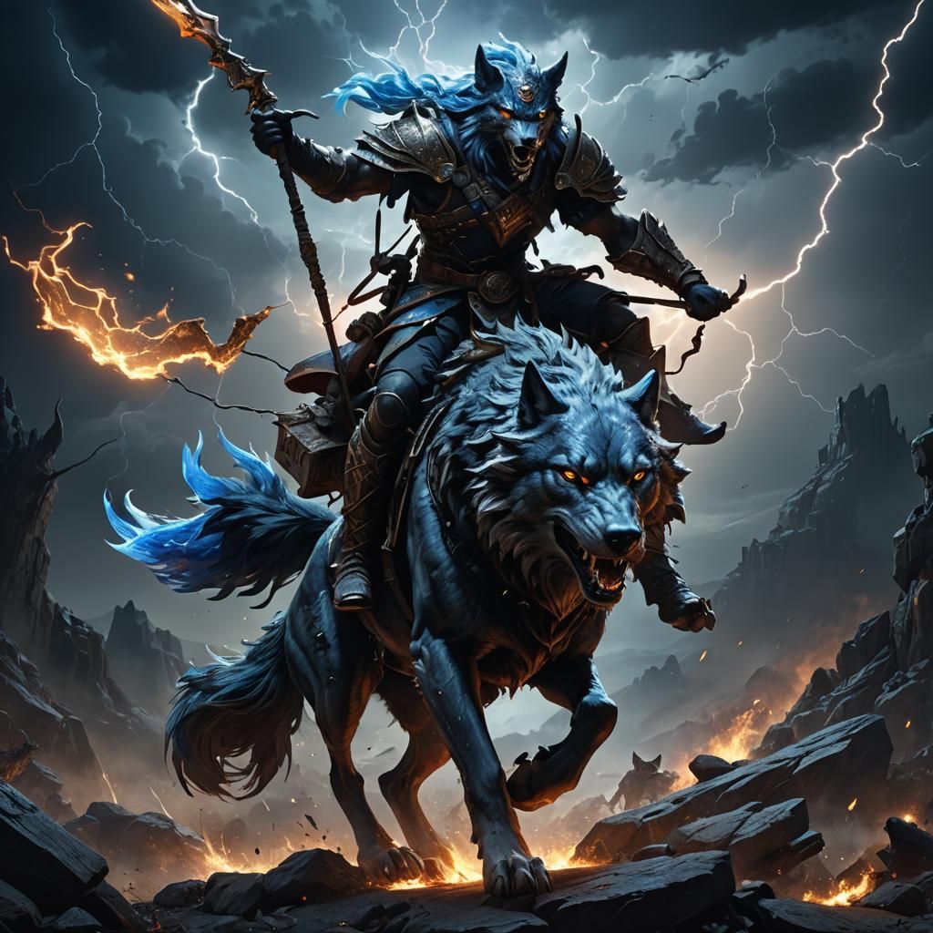 Warrior on Fantasy Wolf in Dark, Hyperdetailed Landscape