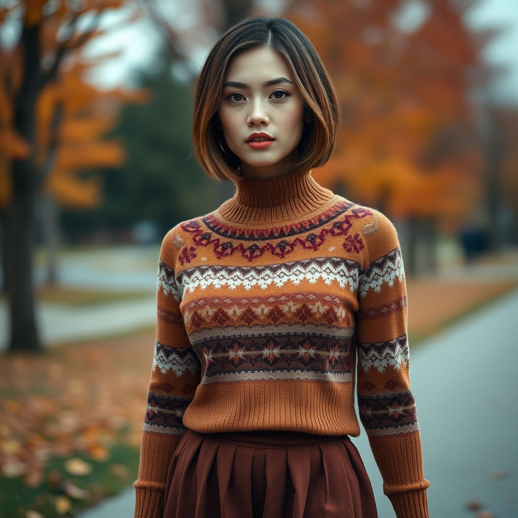 Elegant Woman Strolling on Autumn Day in Cinematic Style