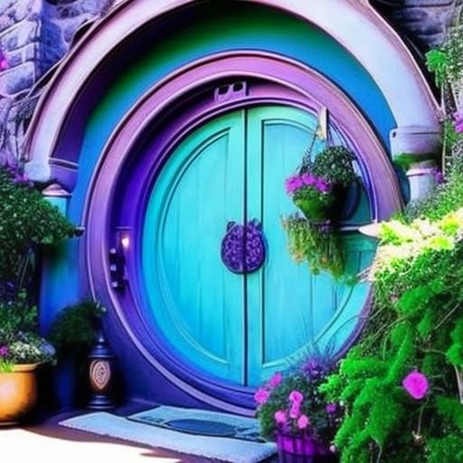 Hobbit den with purple Circular door& purple circular windows& gothic vibes& ethereal vibes& hobbit vibes& Lord of the r...