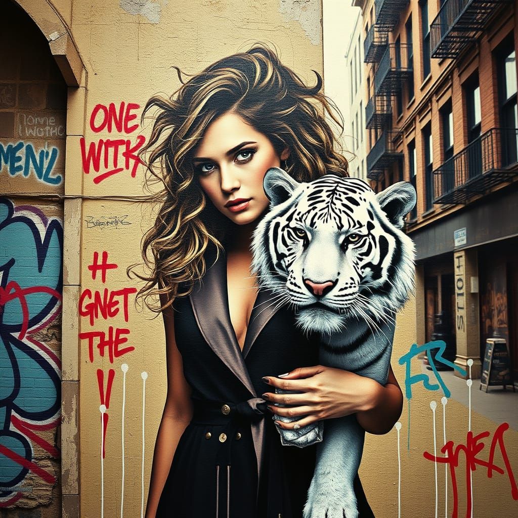 Melancholic Graffiti Art: Woman and White Tiger