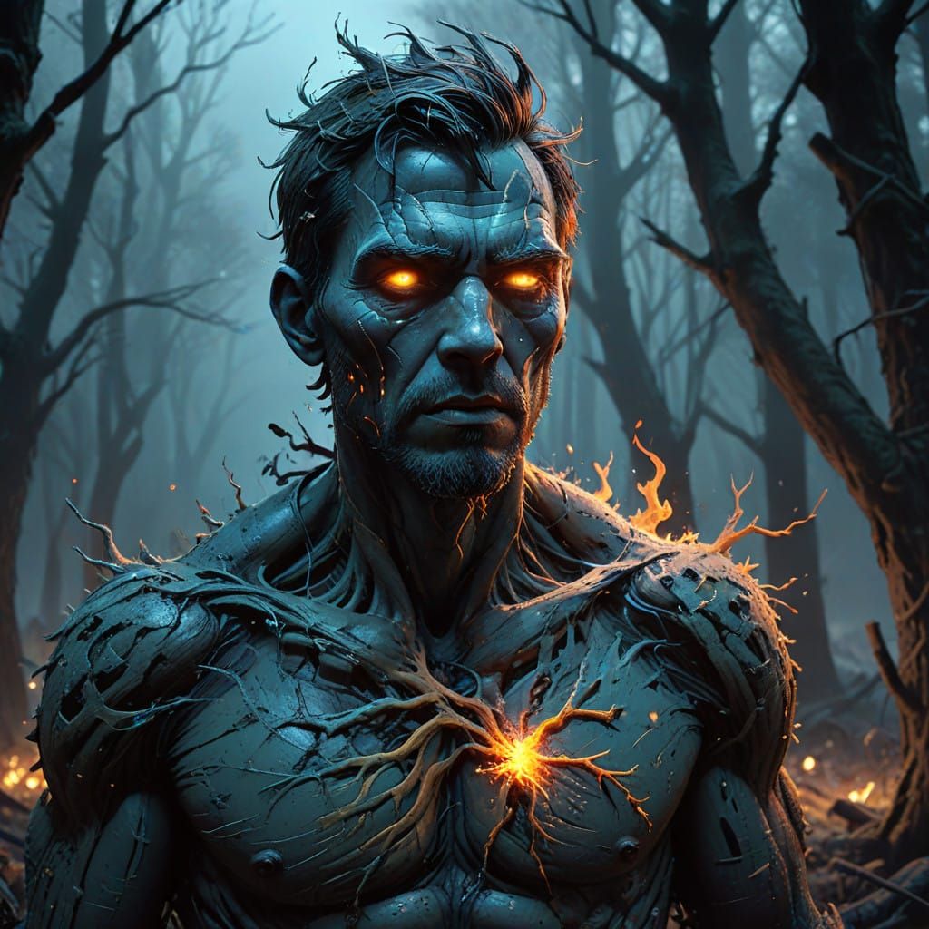 Fearful Man Confronts Twisted Shadows in Dark Forest