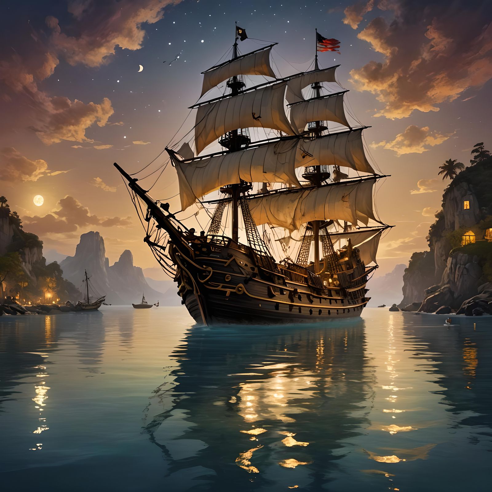Galleon pirate ship about to anchor in a serene sweeping cov...