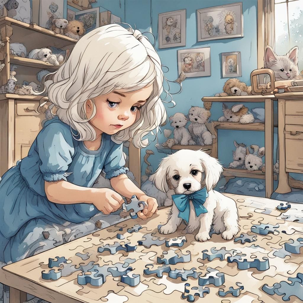 Girl and Puppy Solve Puzzle, Comic Style