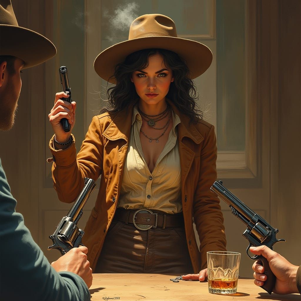 Western Gunslinger Duel in Retro-Futuristic Style