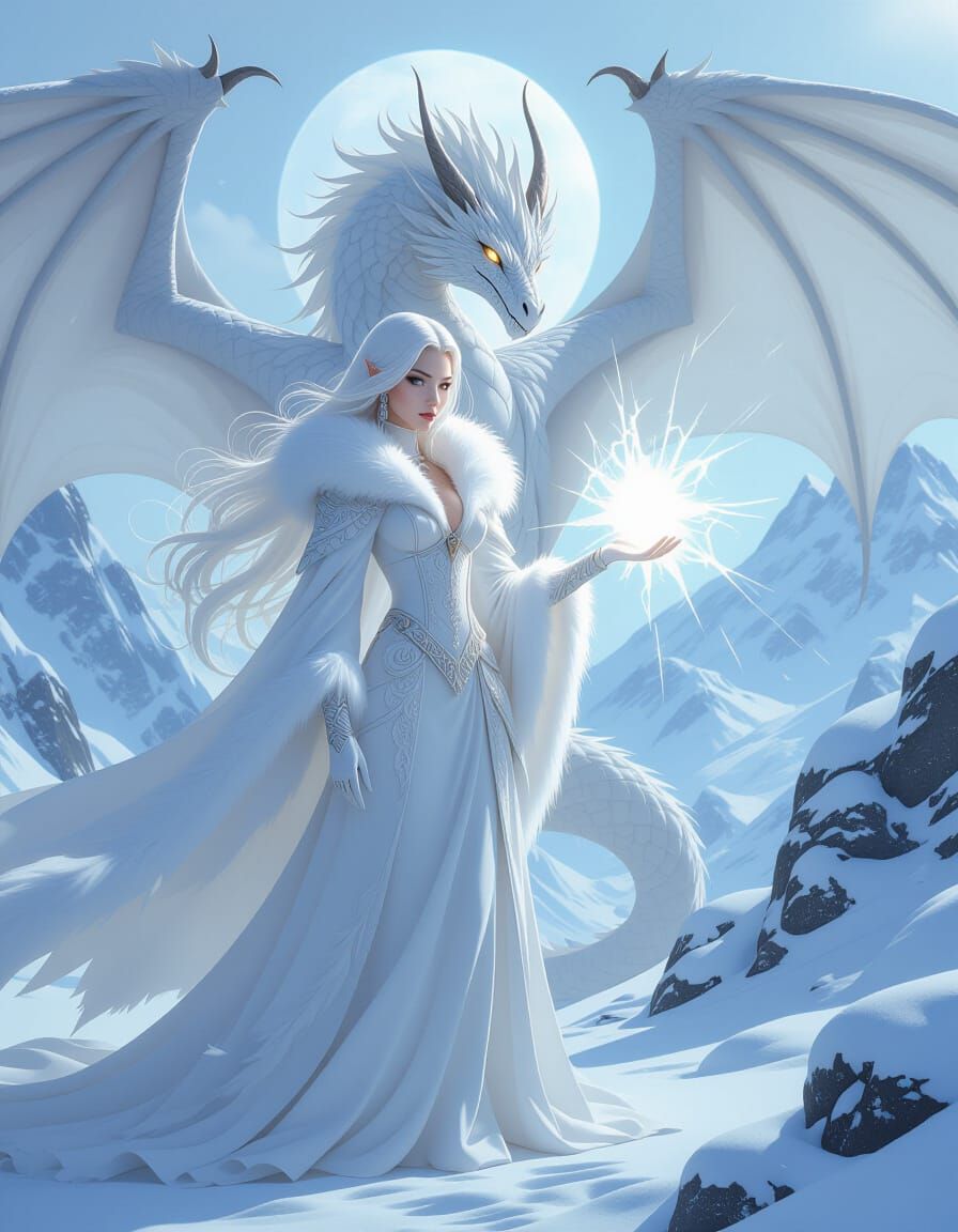 White Sorceress Shields Against Dragon, Cel-Shaded Comic Sty...