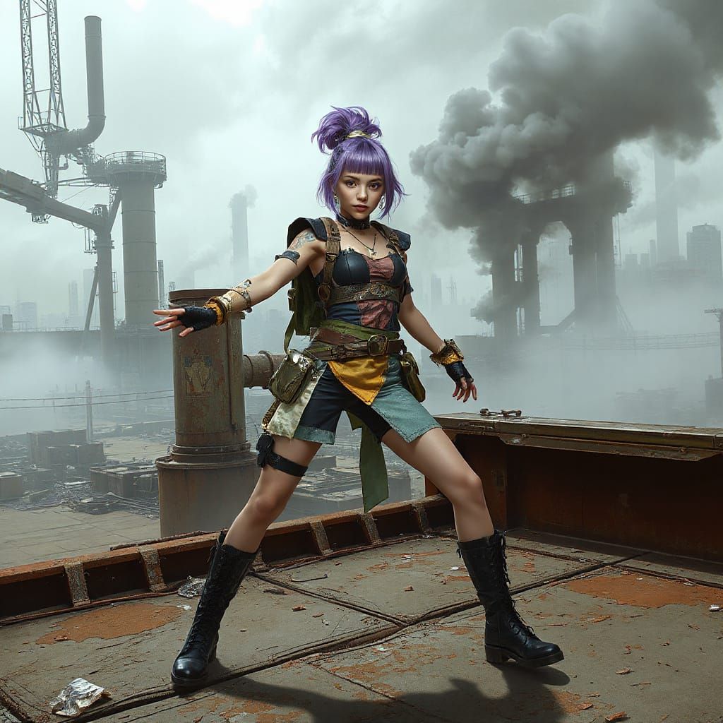 Neo-Trashpunk Warrior on Derelict Factory Roof
