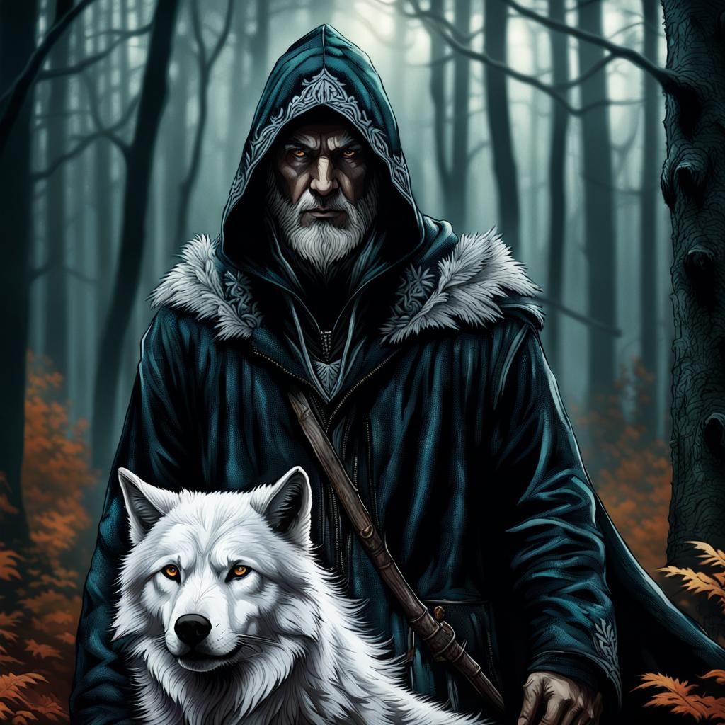 Wizard and White Wolf in Spooky Forest