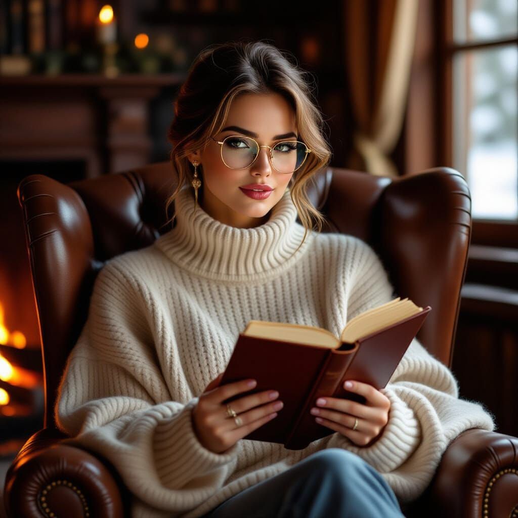 Cozy Woman Reading by Fireplace: Photorealistic Art