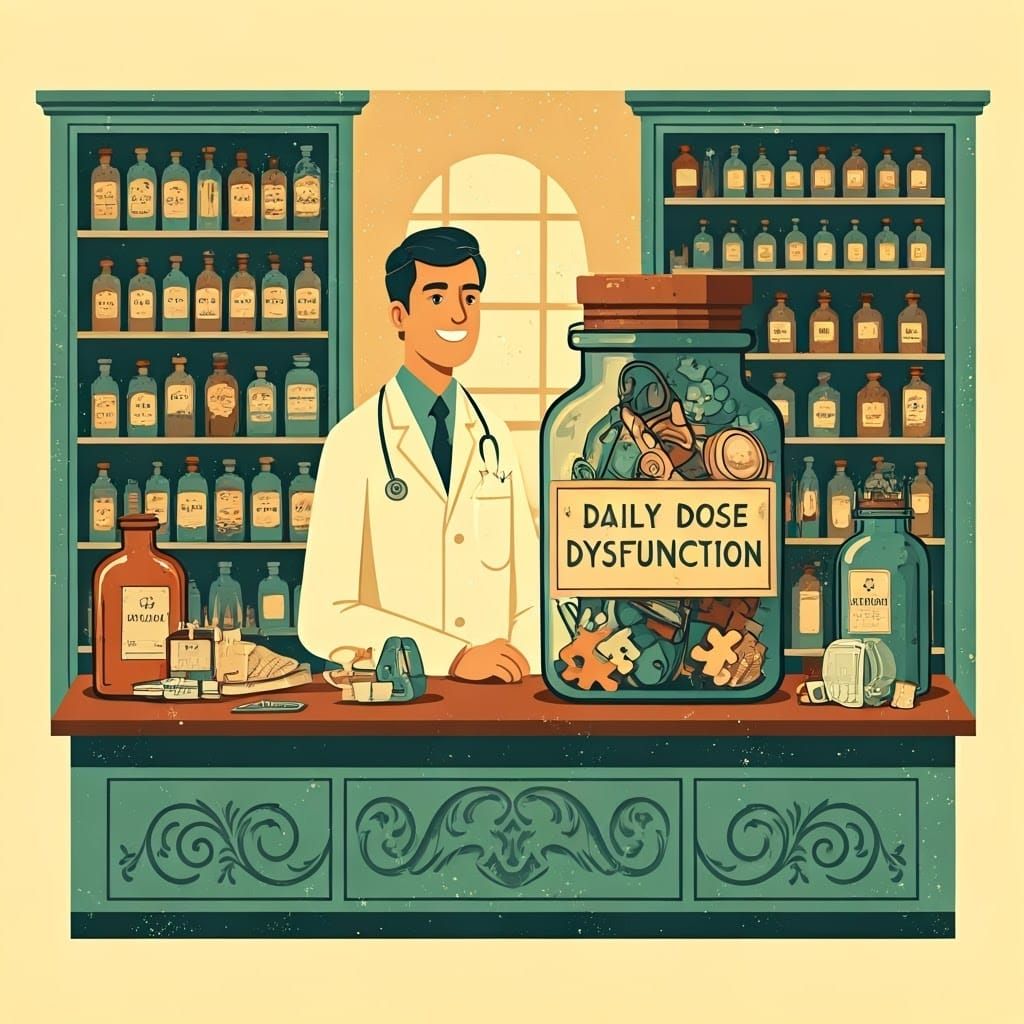 Surreal Pharmacy Scene in Whimsical Cartoon Style