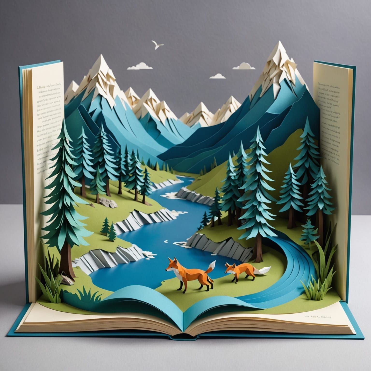 Serene Pop-Up Book Mountain Landscape with Paper Fox