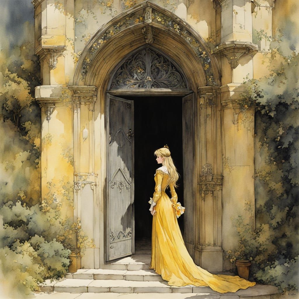 Blond Woman in Yellow Gown at Castle Doorway in Watercolor S...