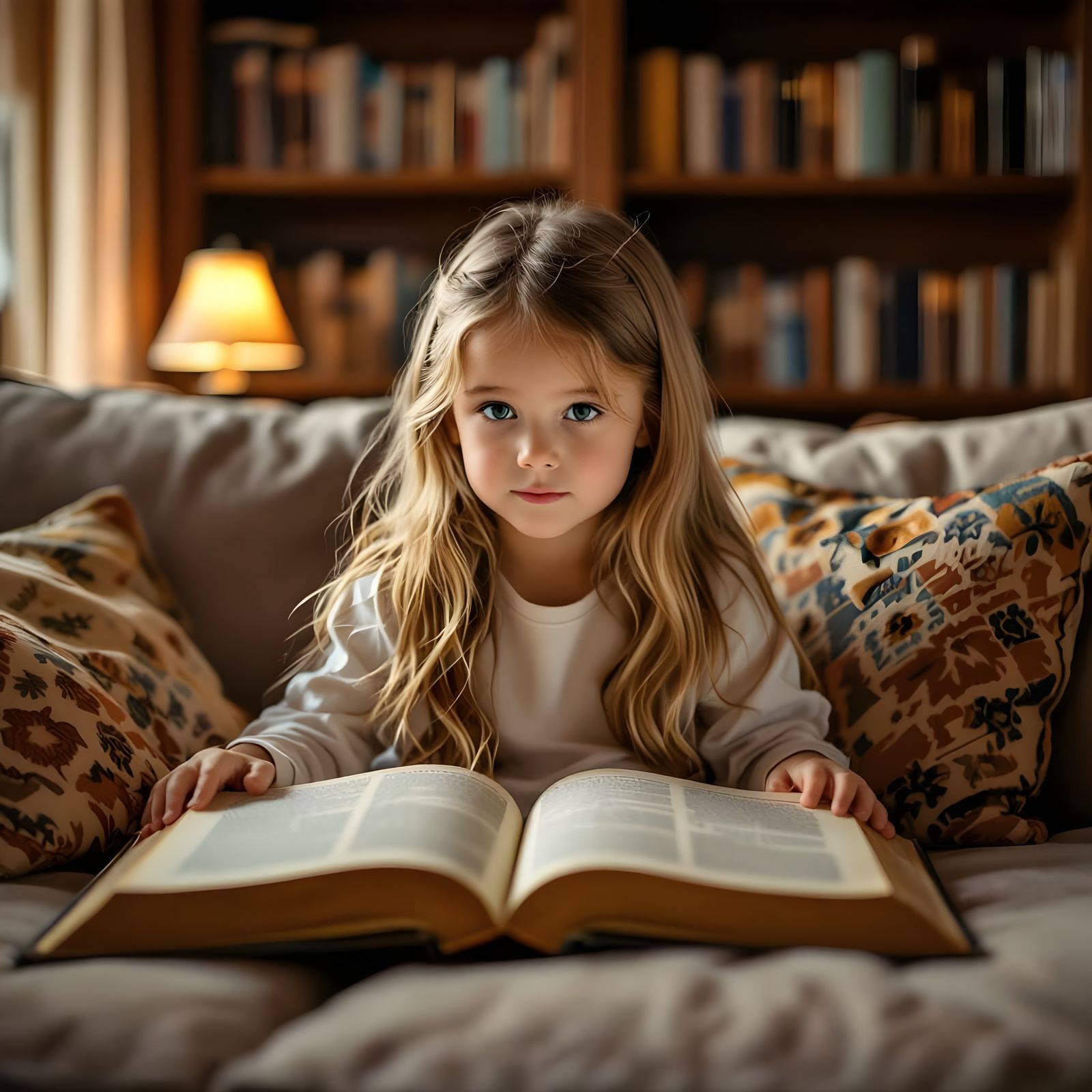 Girl Reads Bible Stories on Couch in Warm Light