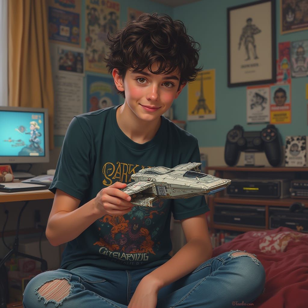 Hyper-Realistic Portrait of Young Man with Toy Spaceship