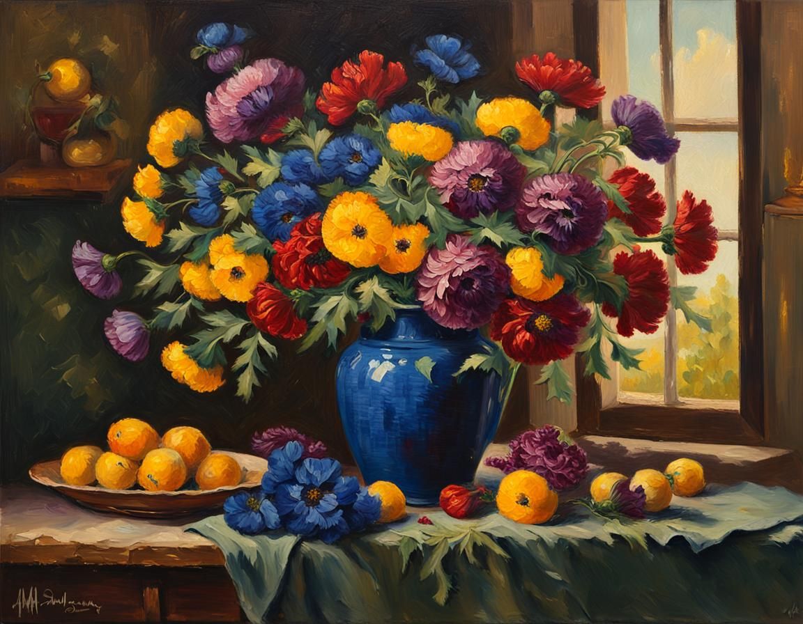 Floral Still Life in Impasto Oil Painting Style