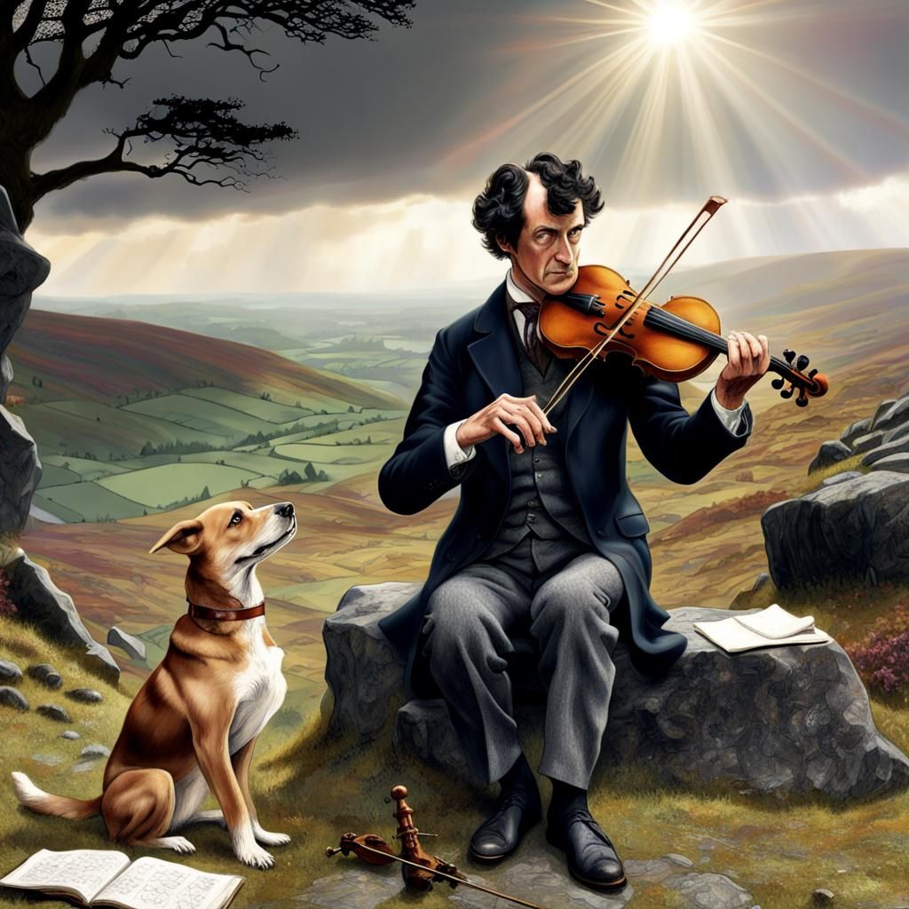 Sherlock Holmes Plays Violin for Hound, Surreal Art