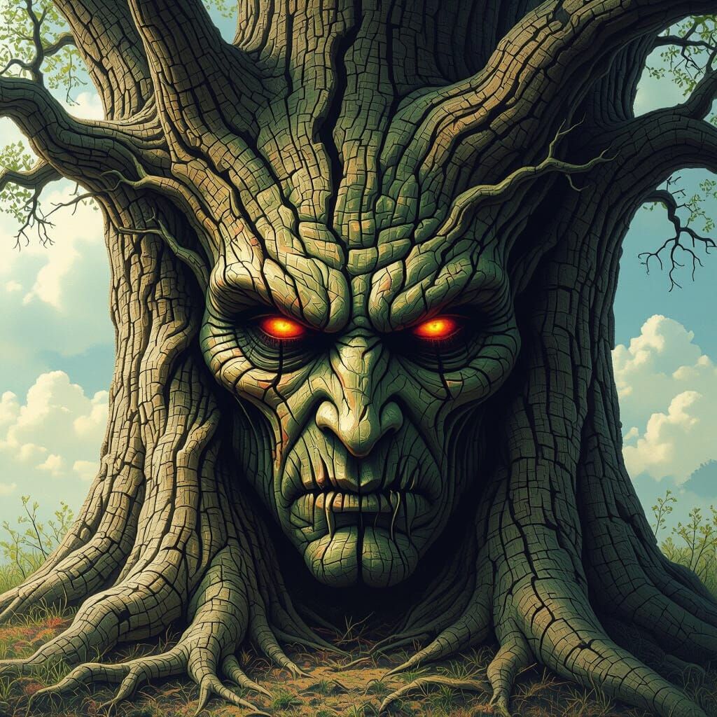 Demonic Face Emerges from Tree Trunk in Dark Fantasy Style