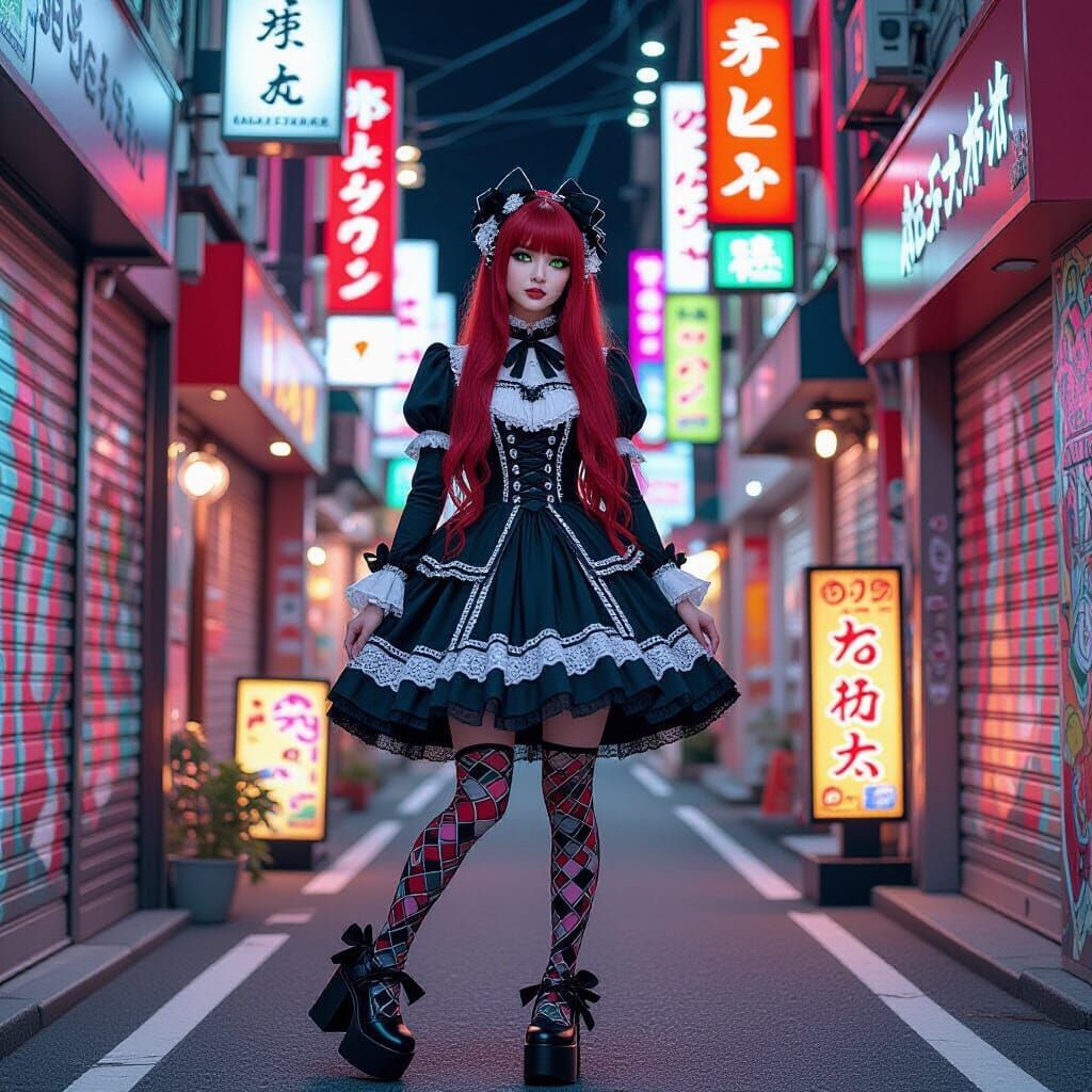 Japanese Woman in Harajuku Alley in Art Nouveau Style