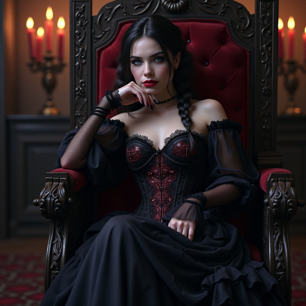 Gothic Woman on Mahogany Throne with Ethereal Allure