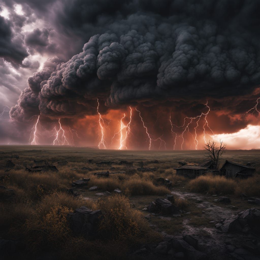Dramatic Apocalyptic Stormscape with Fiery Skies and Dark Cl...