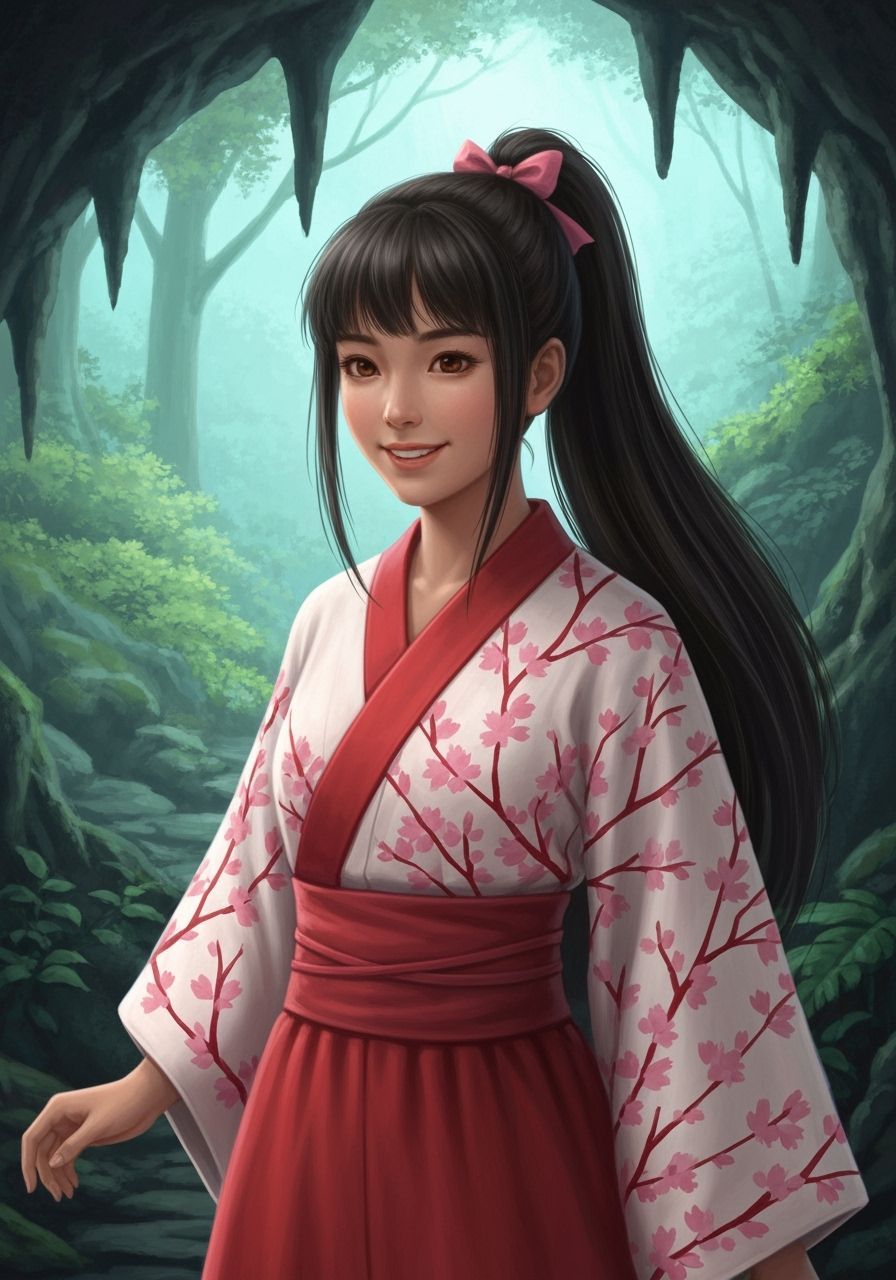Japanese Woman in Kimono Walking Through Forest Cave