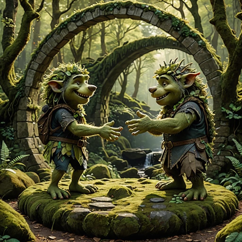 Troll High-Five in Enchanted Forest, Color Pencil Art