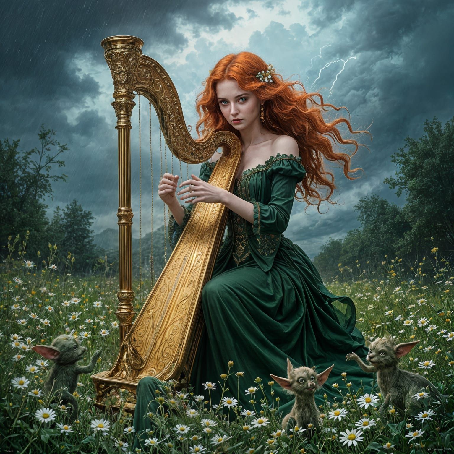 Red-Haired Sorceress Plays Harp Amidst Goblins