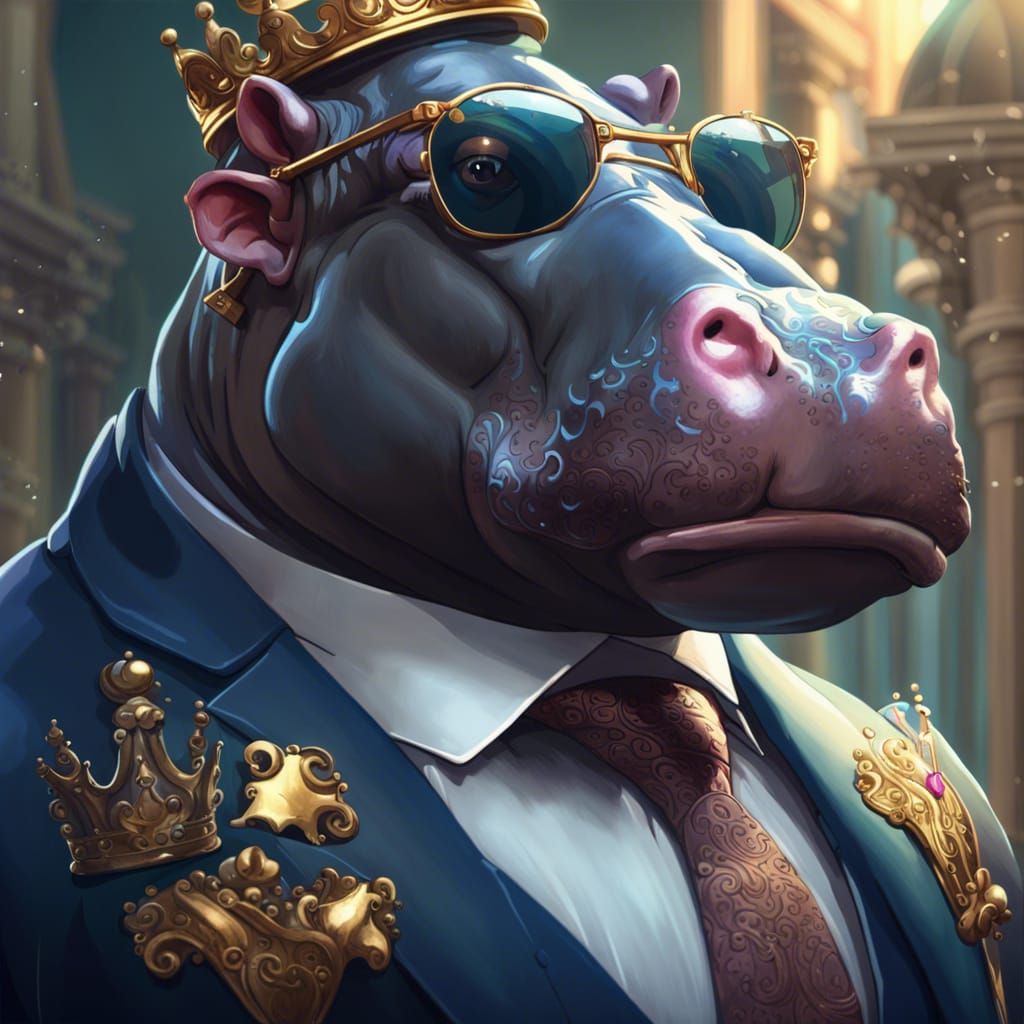 Regal Hippo Portrait with Crown and Sunglasses