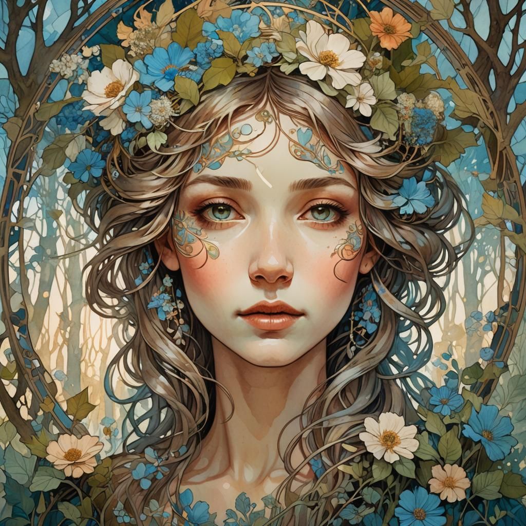 Floral Woman in Forest, Alphonse Mucha Style