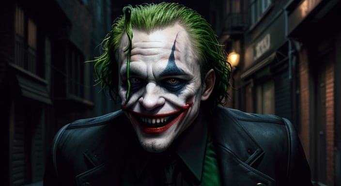 Heath Ledger as the Joker in a Dark Gotham City Alleyway