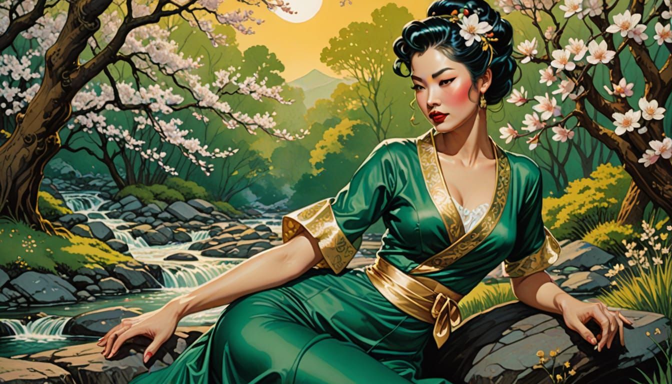 Japanese Maiden in Emerald Dress: Pin-Up Art