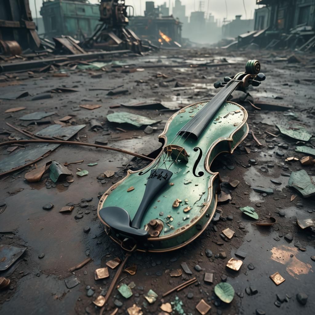 Mechanical Bronze Violin in Post-Apocalyptic Sci-Fi
