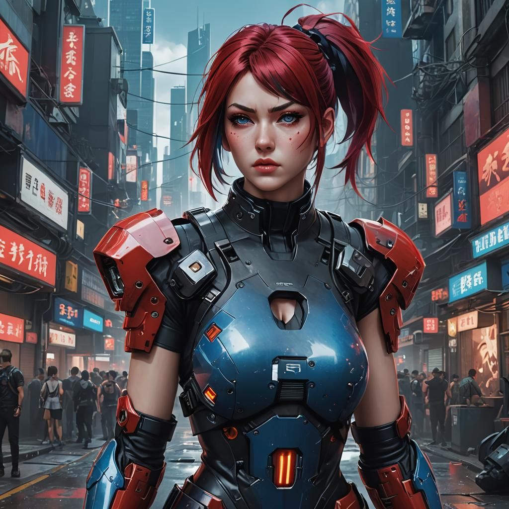 Cyberpunk Girl in Damaged Future Cityscape