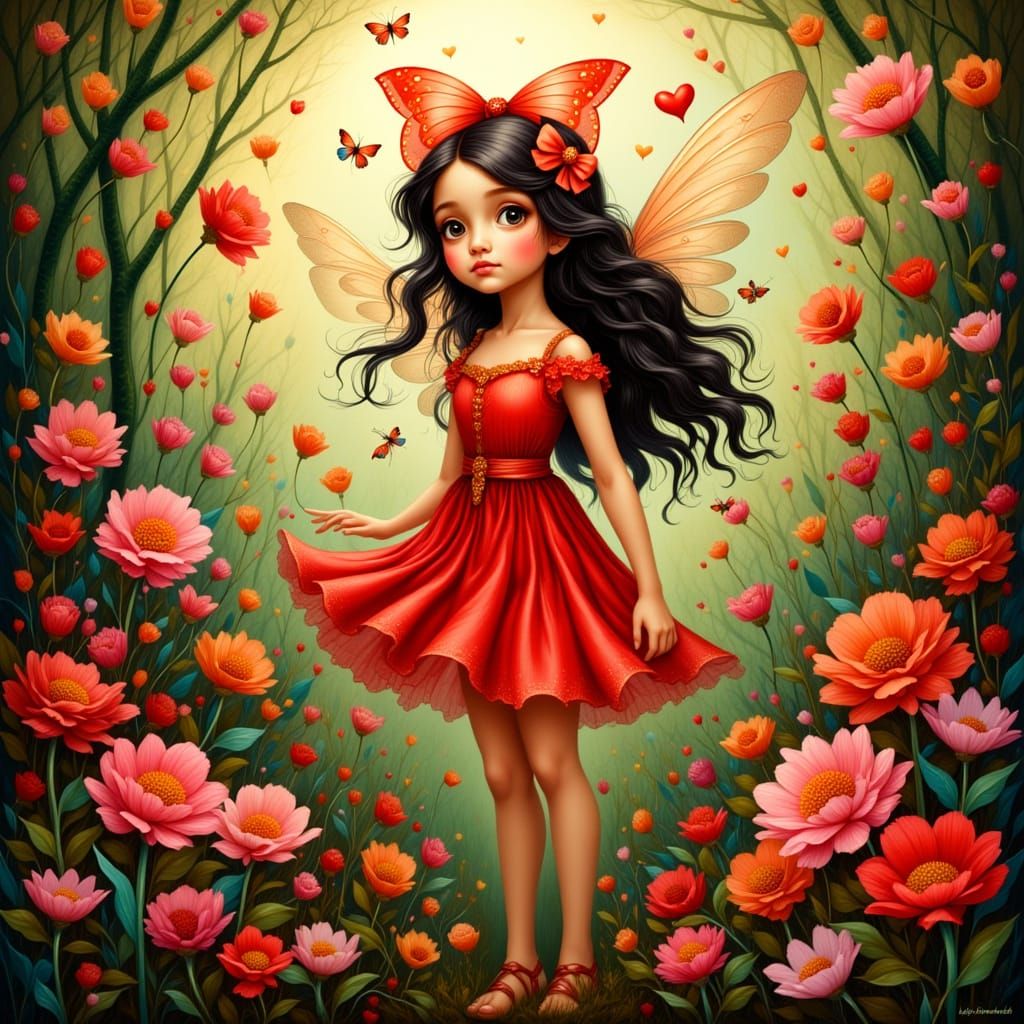 Folk Art Fairy on Valentine's Day in Dreamy Garden