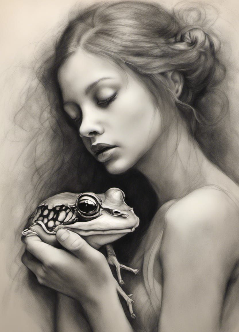 Princess Kisses Frog in Detailed Charcoal Drawing